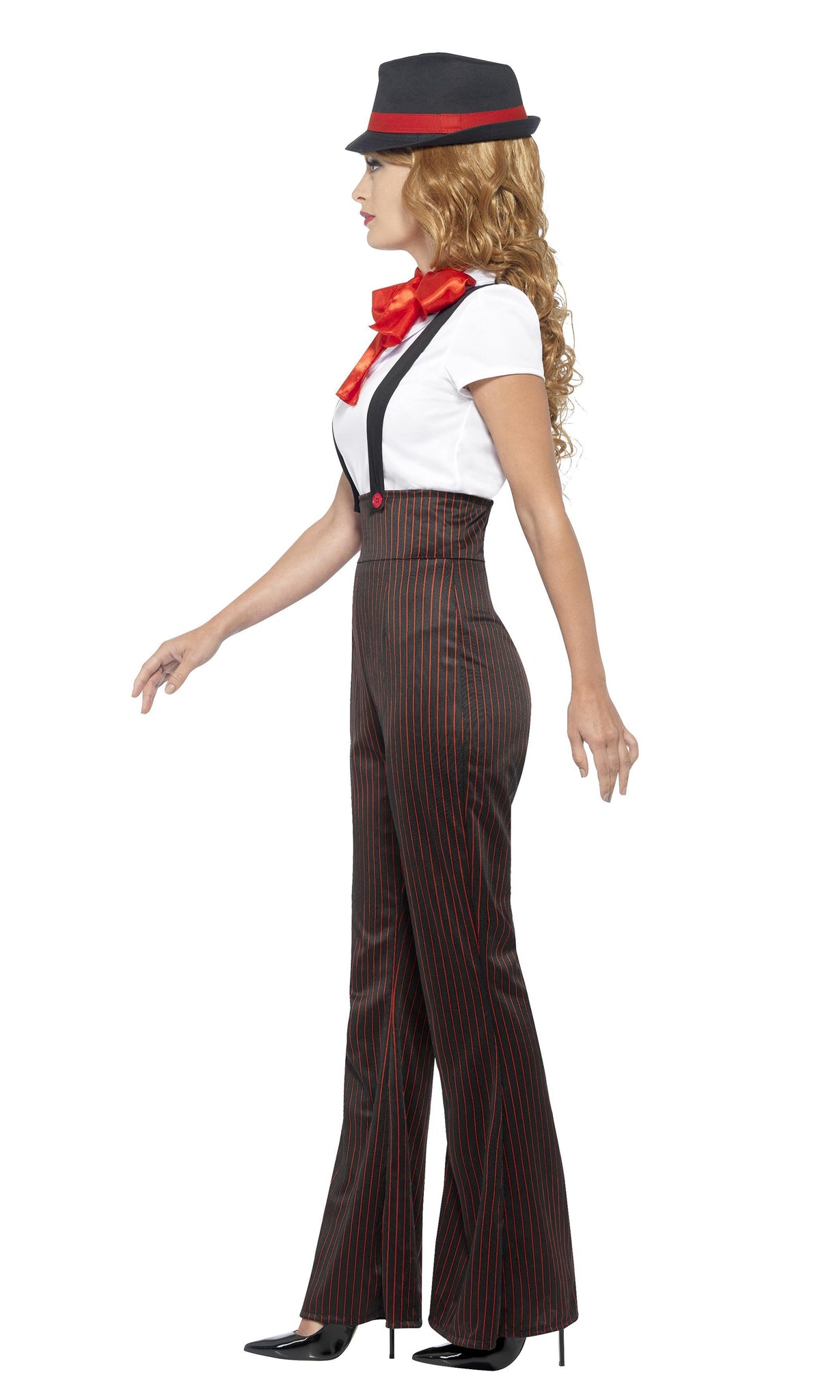 Side of pin stripe woman's gangster costume with mock braces and hat with red band