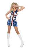 Glittery short blue and red Union Jack dress