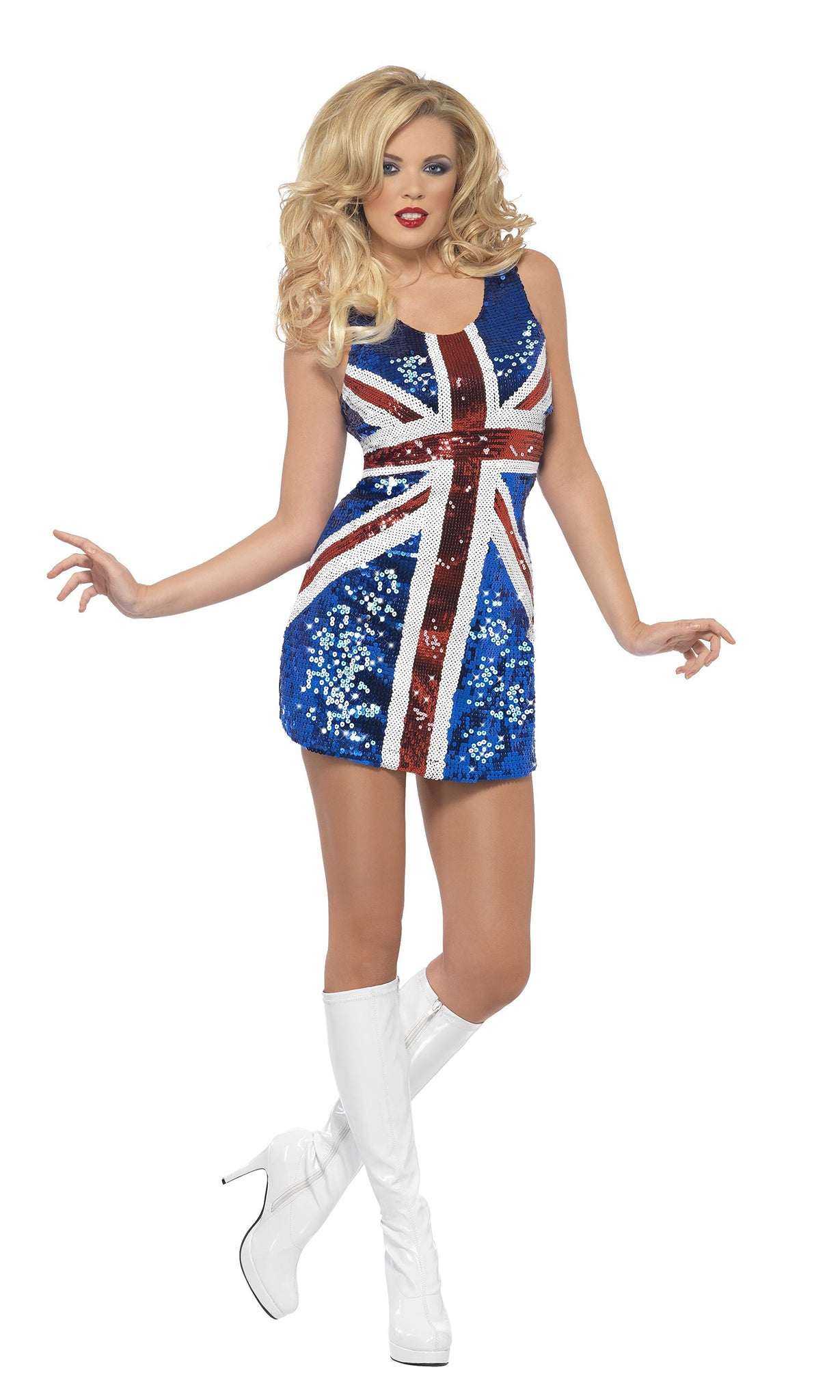 Alternate view of glittery short blue and red Union Jack dress