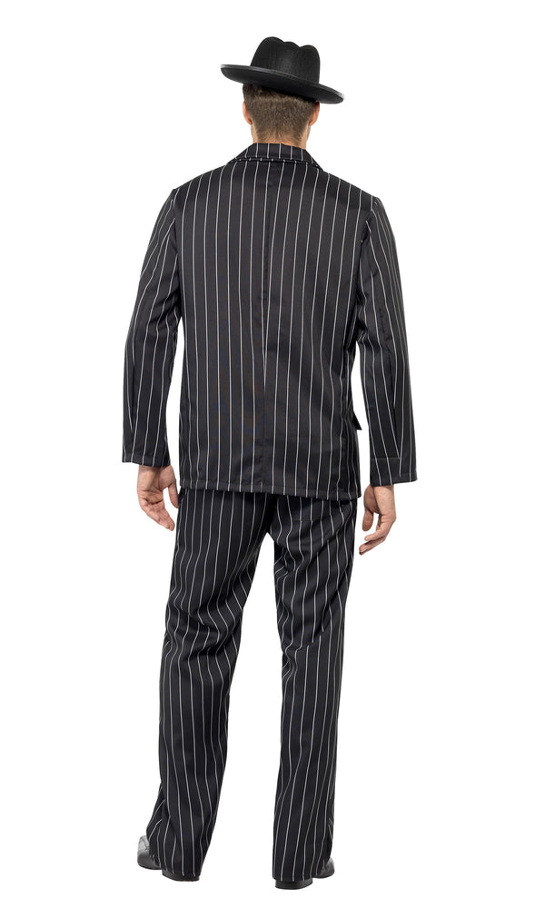 Back of black striped gangster zoot suit with white tie and mock shirt front