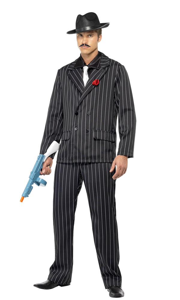 Black striped gangster zoot suit with white tie and mock shirt front