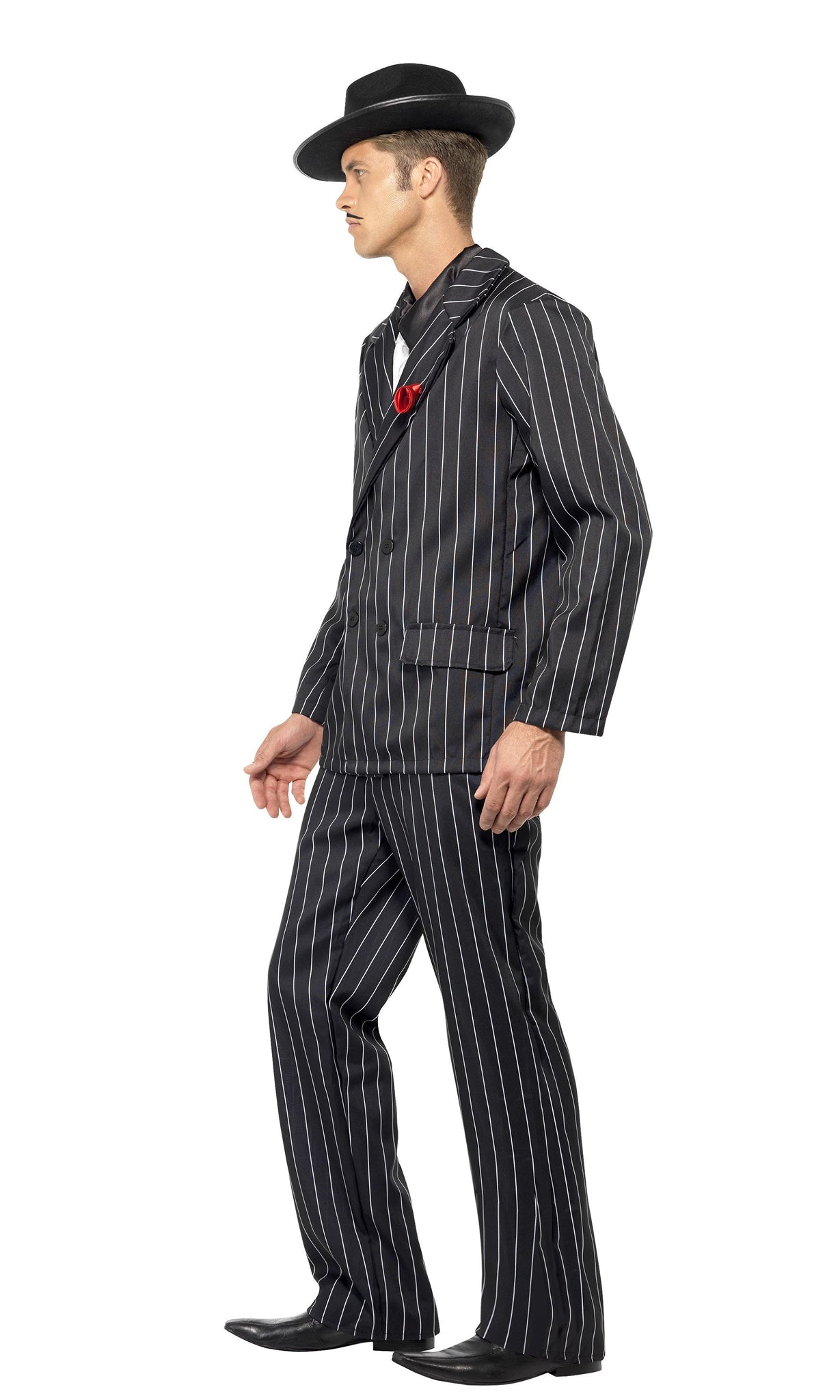 Side of black striped gangster zoot suit with white tie and mock shirt front