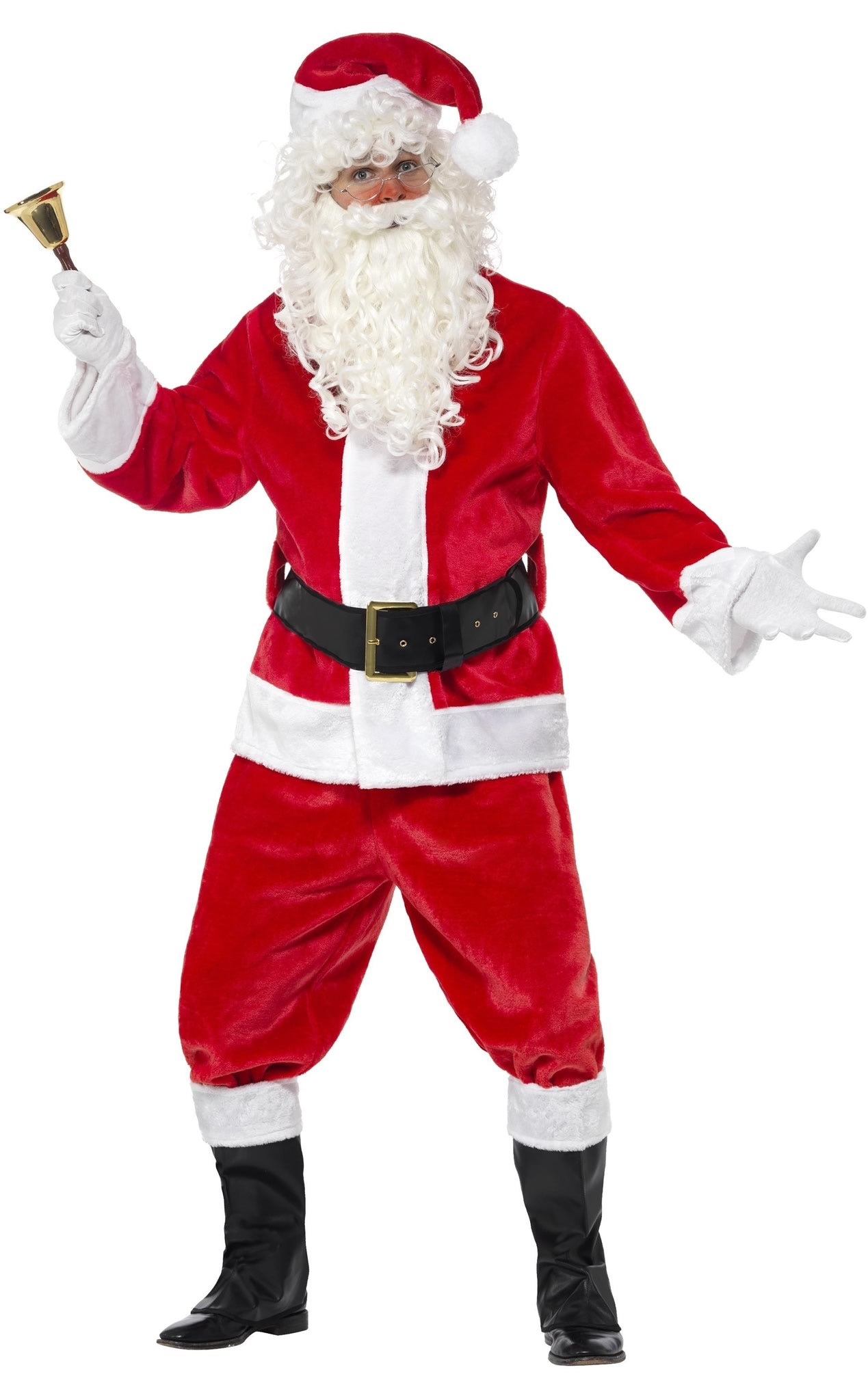 Plush Santa costume with belt, boot tops, hat and gloves