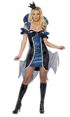 Blue and black Evil Queen halterneck dress with cape and arm cuffs