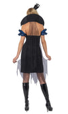 Back of blue and black Evil Queen halter neck dress with cape and arm cuffs