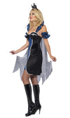 Side of blue and black Evil Queen halter neck dress with cape and arm cuffs