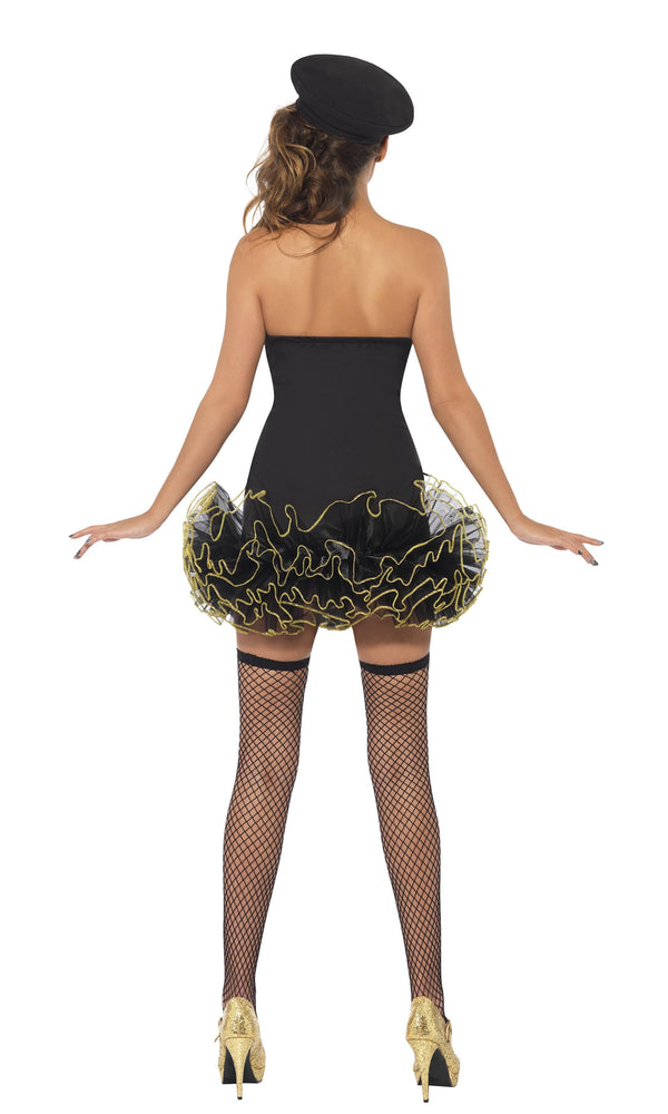 Back of short black police tutu dress costume with gold trim and hat
