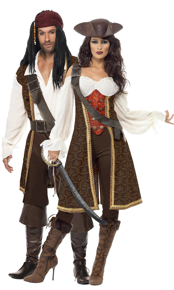 A couple in matching brown and white pirate costumes