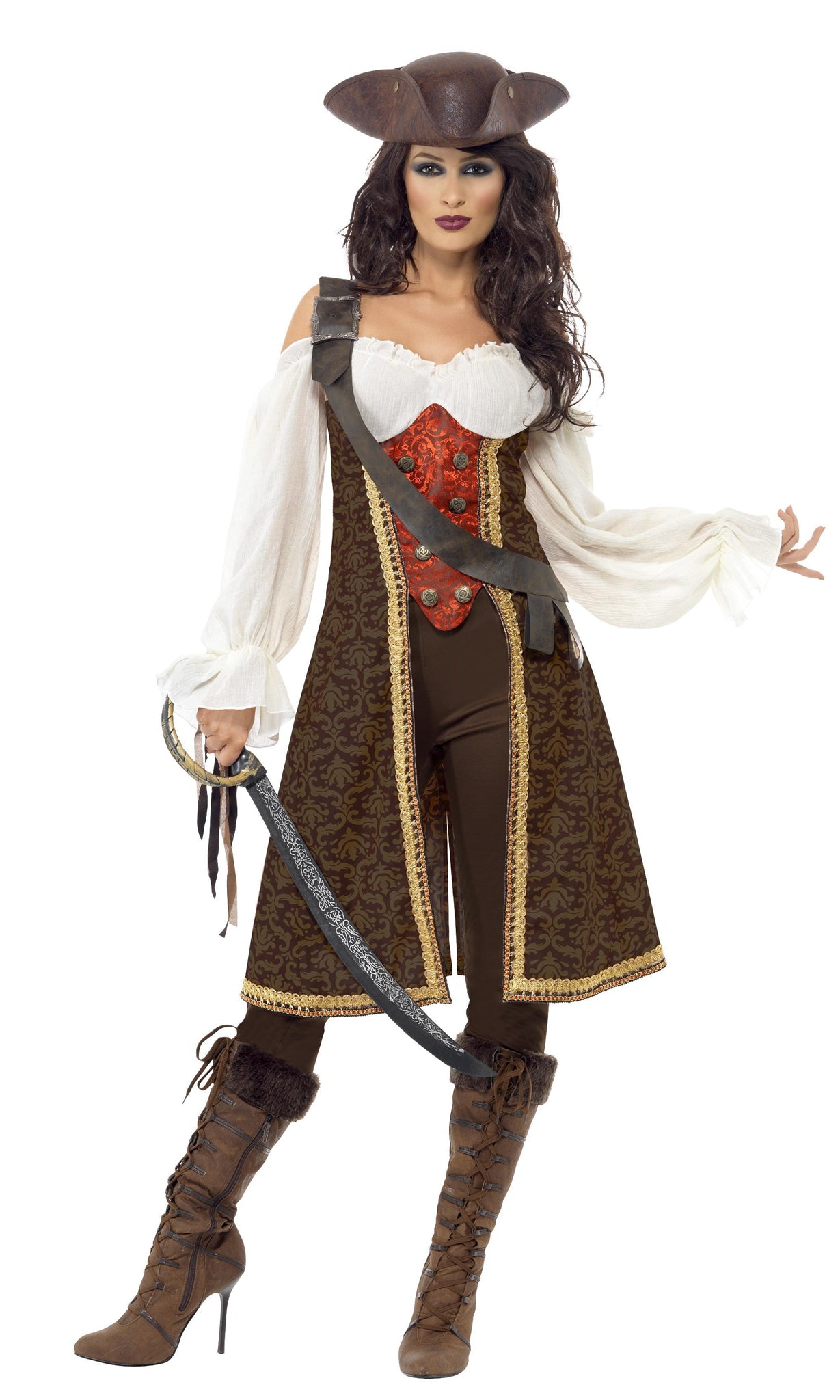 A women dressed in a brown and white pirate costume with hat and holding a sword