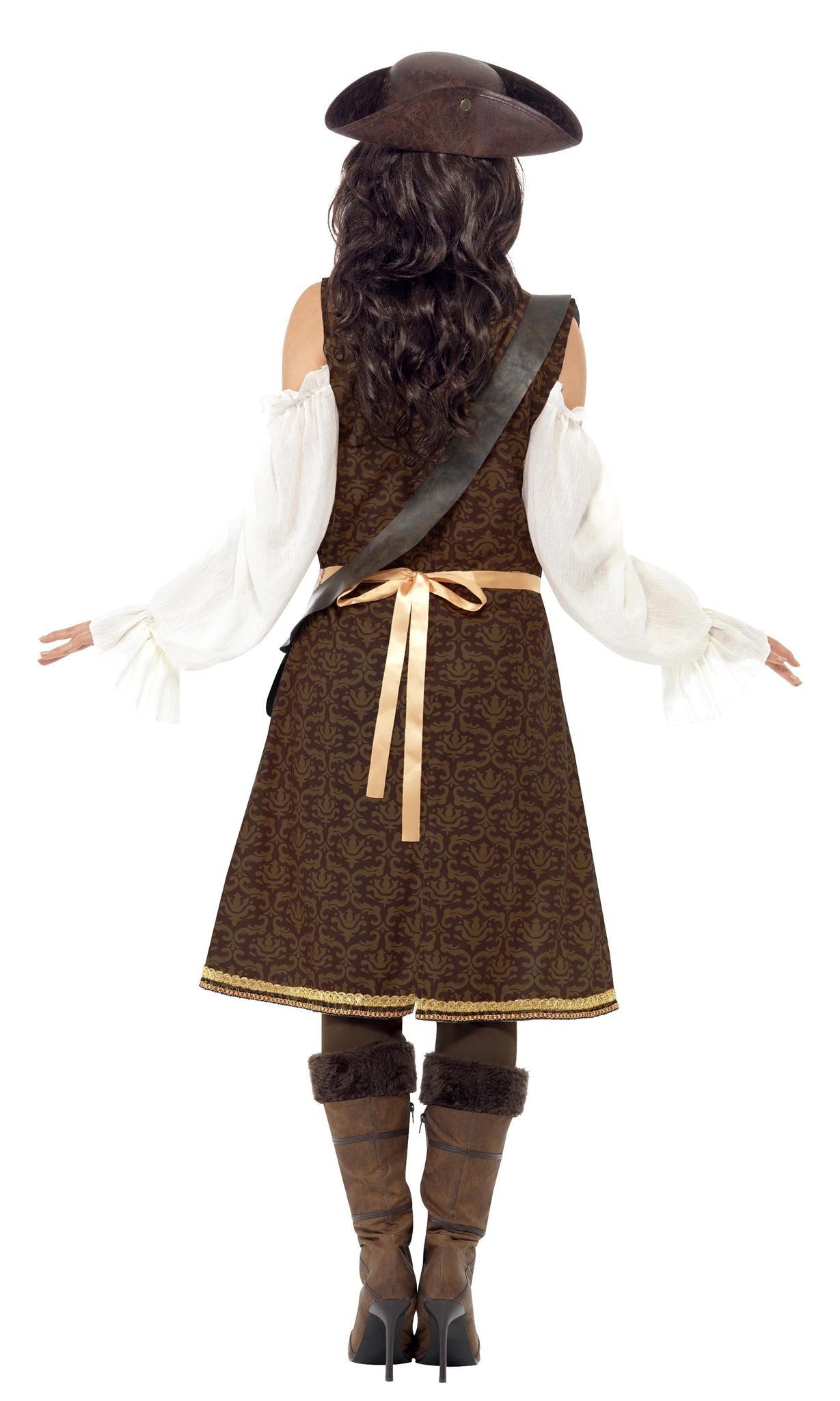 Back of a women dressed in a brown and white pirate costume with hat