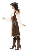 Side view of a women dressed in a brown and white pirate costume with hat