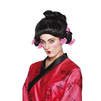 Geisha Girl Wig with Pink Flowers