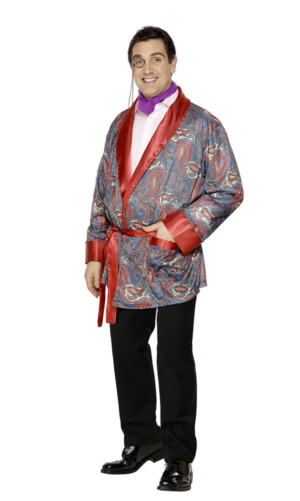A mens smoking jacket with red trim, shown with a white shirt and black pants and shoes.