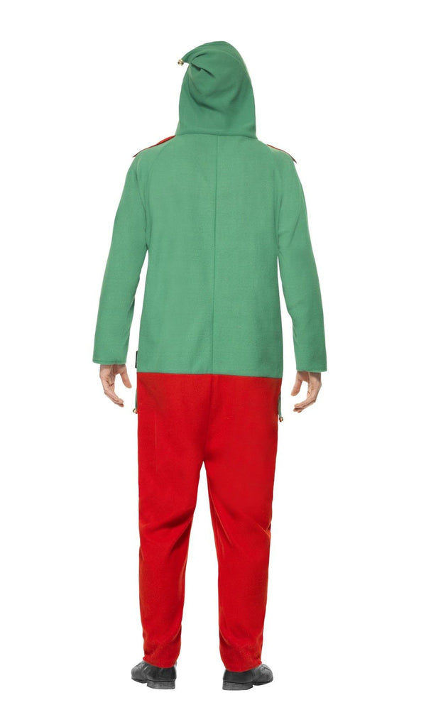 Back of green and red hooded Elf onesie