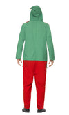 Back of green and red hooded Elf onesie