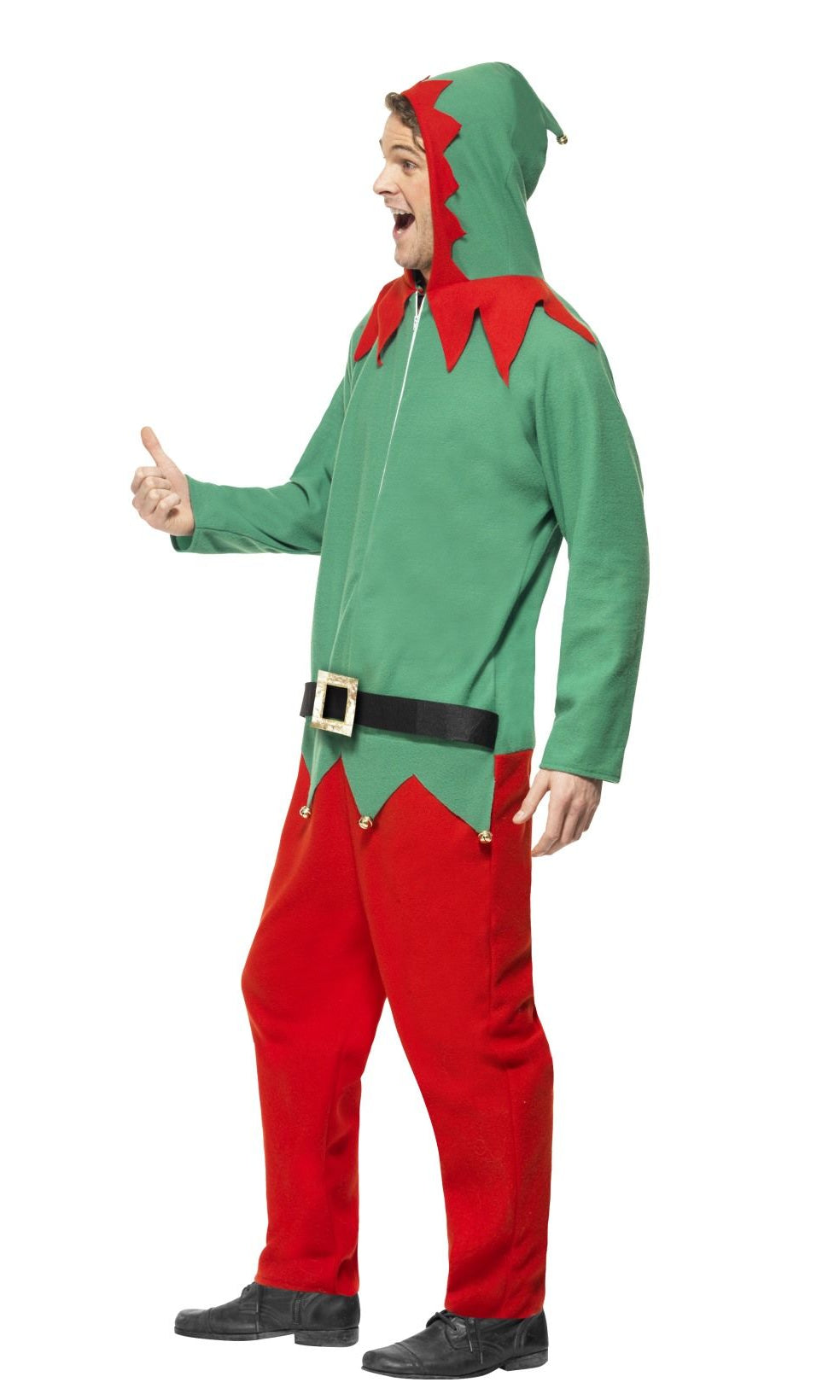 Side of green and red hooded Elf onesie