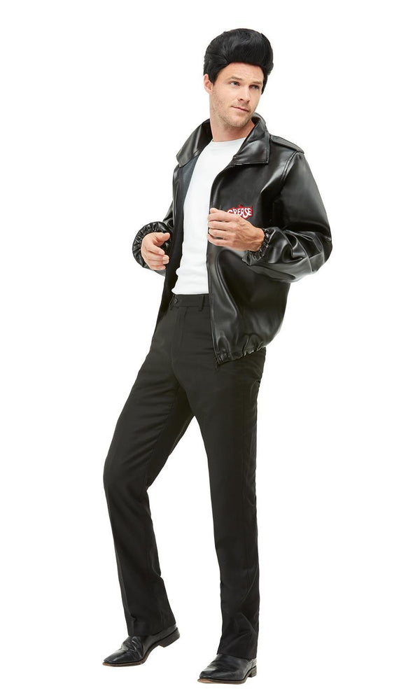 Side of men's black T-Bird jacket with Grease logo