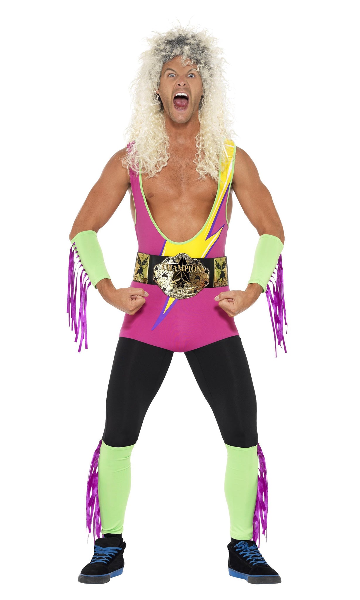 Green and pink wrestler jumpsuit with champion belt and arm and leg cuffs
