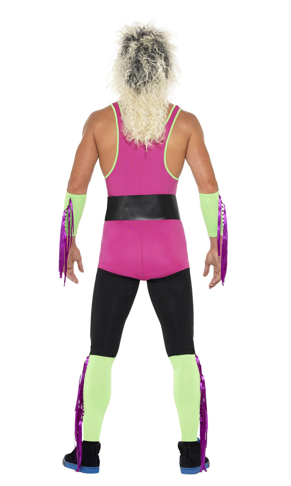 Back of green and pink wrestler jumpsuit with champion belt and arm and leg cuffs