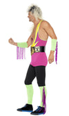 Side of green and pink wrestler jumpsuit with champion belt and arm and leg cuffs