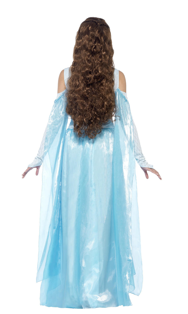 Back of a woman in a long blue medieval dress with arm drapes and headband