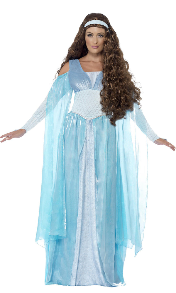 Woman in a long blue medieval dress with arm drapes and headband