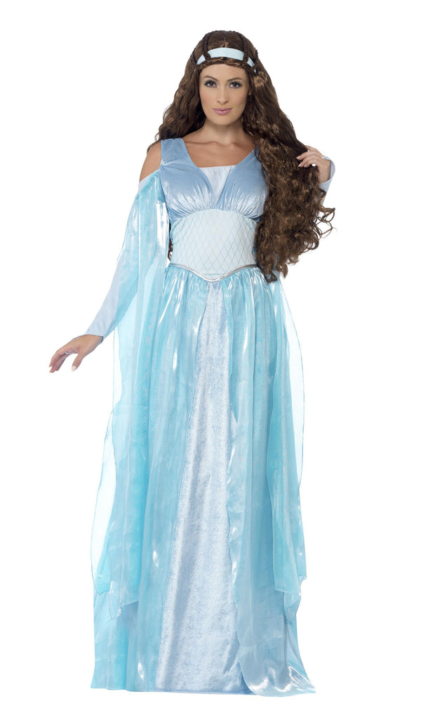 Woman in a long blue medieval dress with arm drapes and headband