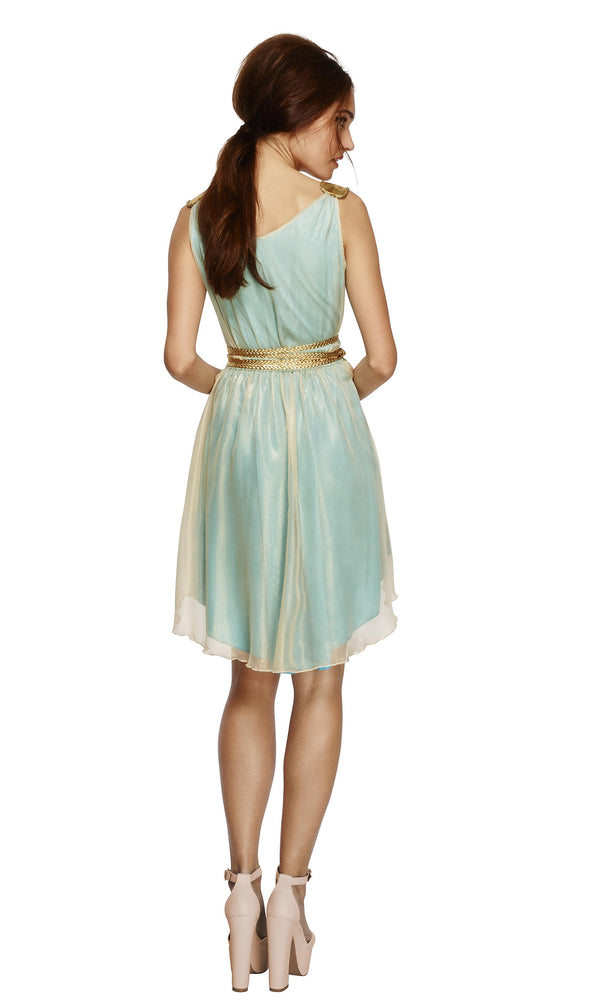 Back of short blue Grecian style dress with overdress and belt