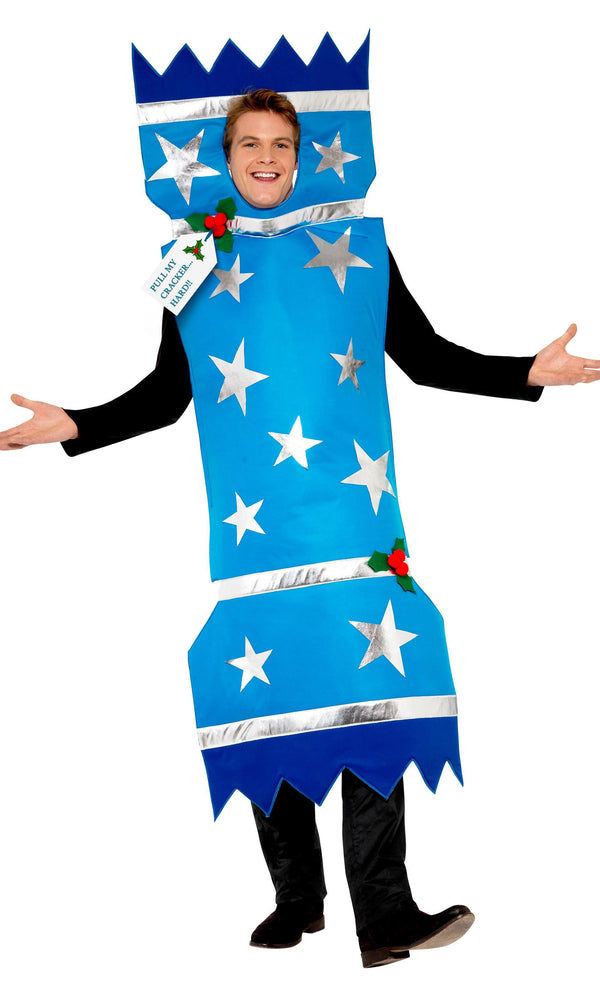 A man wearing a blue cracker costume with silver stars