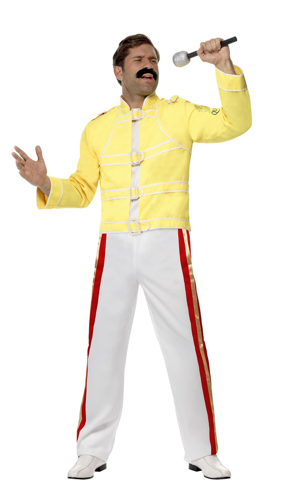 Freddie Mercury costume with yellow jacket and white pants with red and gold stripe