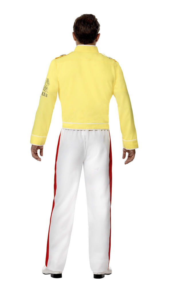 Back of Freddie Mercury costume with yellow jacket and white pants with red and gold stripe