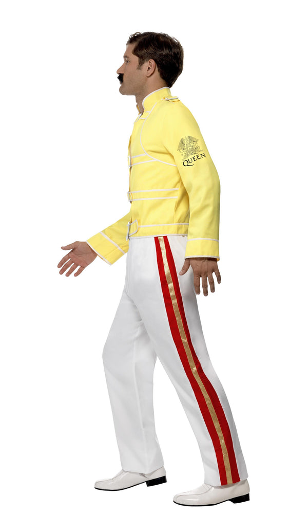 Side of Freddie Mercury costume with yellow jacket and white pants with red and gold stripe