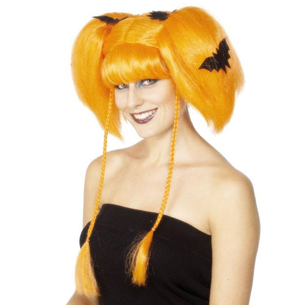 Orange Halloween wig with bunches and bats