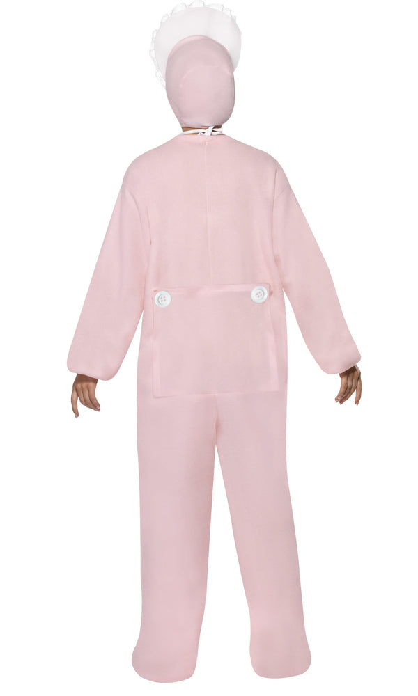 Back of pink romper with attached feet, bib and bonnet