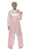 Pink romper with attached feet, bib and bonnet