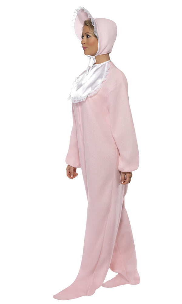 Side of pink romper with attached feet, bib and bonnet