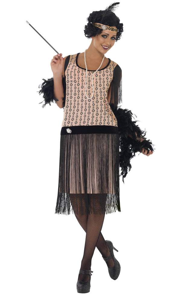 Pink flapper dress with headband, necklace and black boa