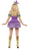 Back of a woman wearing a purple and green short jester dress with matching jester hat and golden boots