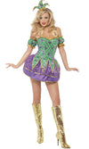 Blonde woman wearing a purple and green short jester dress with matching jester hat and golden boots