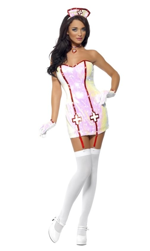 Short nurse dress with cross symbols, gloves and matching hat