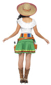 Back of short white green and white Mexican dress, with shot belt and holsters 