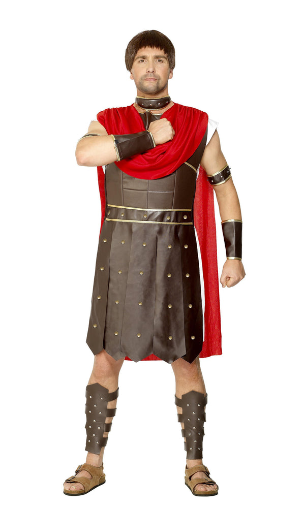 Roman warrior costume with red cape, soft body armour, guards and neck piece
