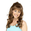A honey brown wig styled in a high school girl's head, showing the wig's voluminous and curly texture.