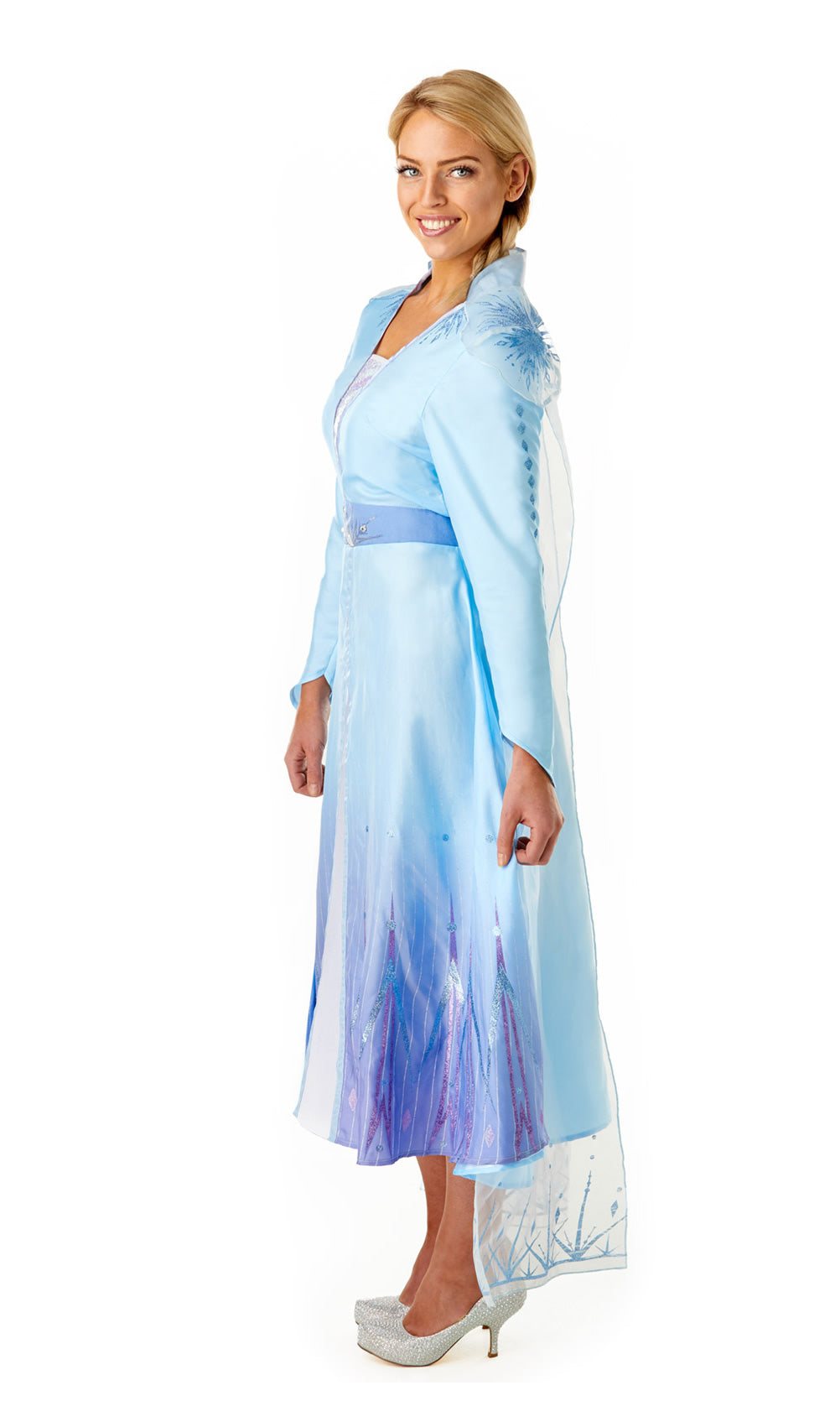 Side of long blue Elsa dress with detachable cape from Frozen
