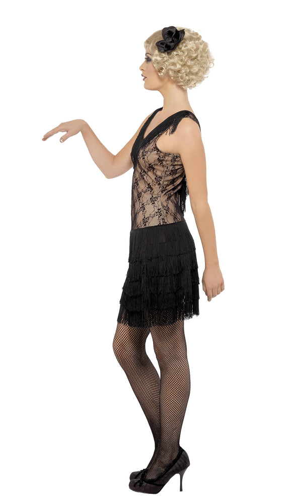 Side of 20s black jazz dress with hairpiece