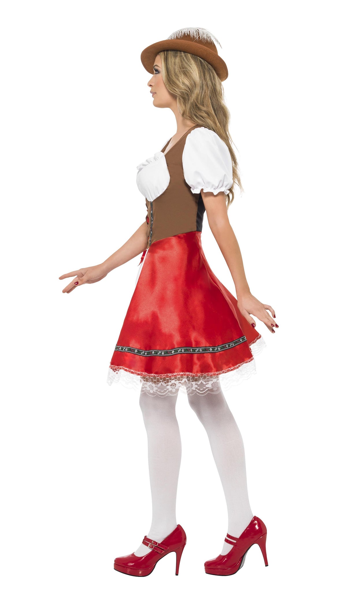 Side of red, white and brown Oktoberfest dress with apron