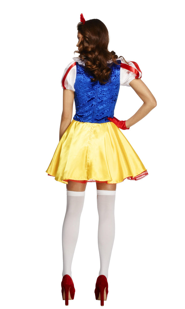 Back of short Snow White dress with petticoat, red choker and headband