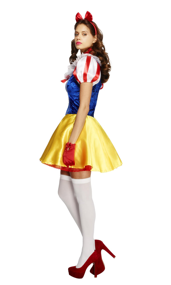 Side of short Snow White dress with petticoat, red choker and headband