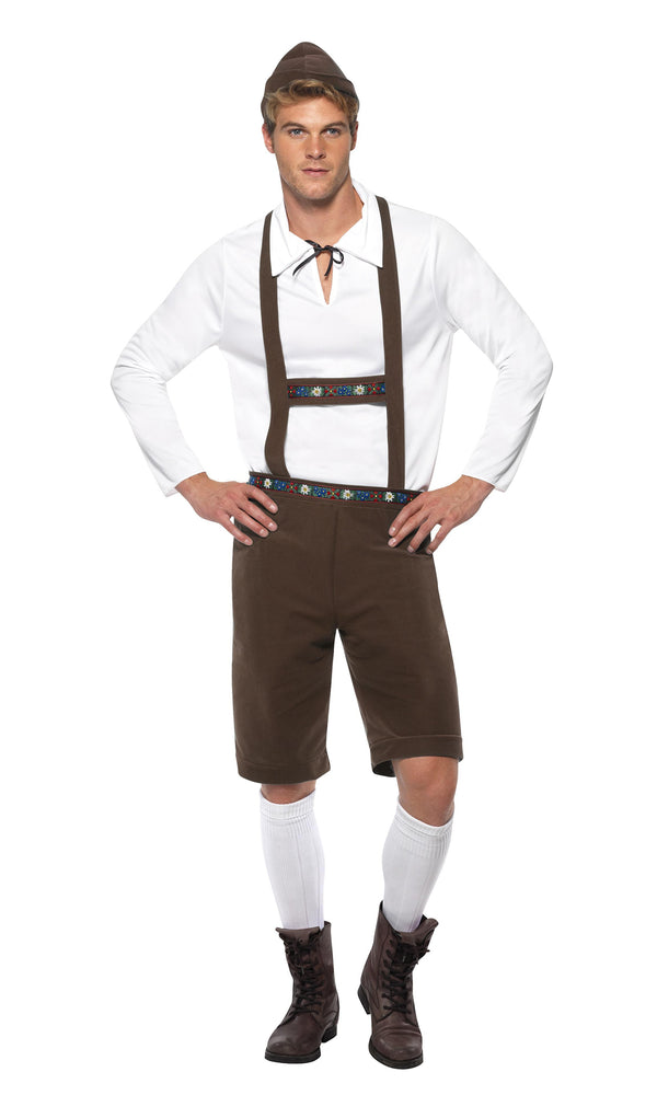 Brown lederhosen style shorts with braces and white shirt, with brown hat