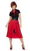 1950s red and black poodle dress with belt, scarf and poodle prints